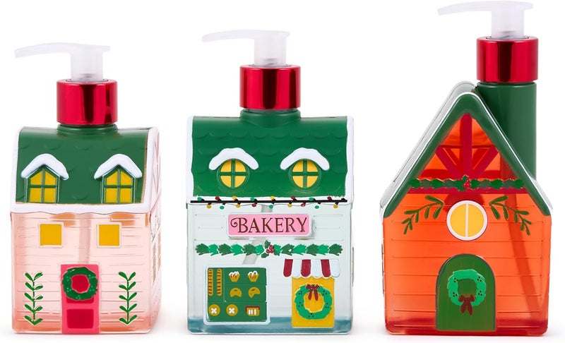 simple pleasures Christmas Holiday Village 3 Pack - Frosted Strawberry, Snow Flurries, Peppermint Swirl Scented Decorative Refillable Soap Dispensers for Kitchen Countertops and Bathroom Sinks - Image 1